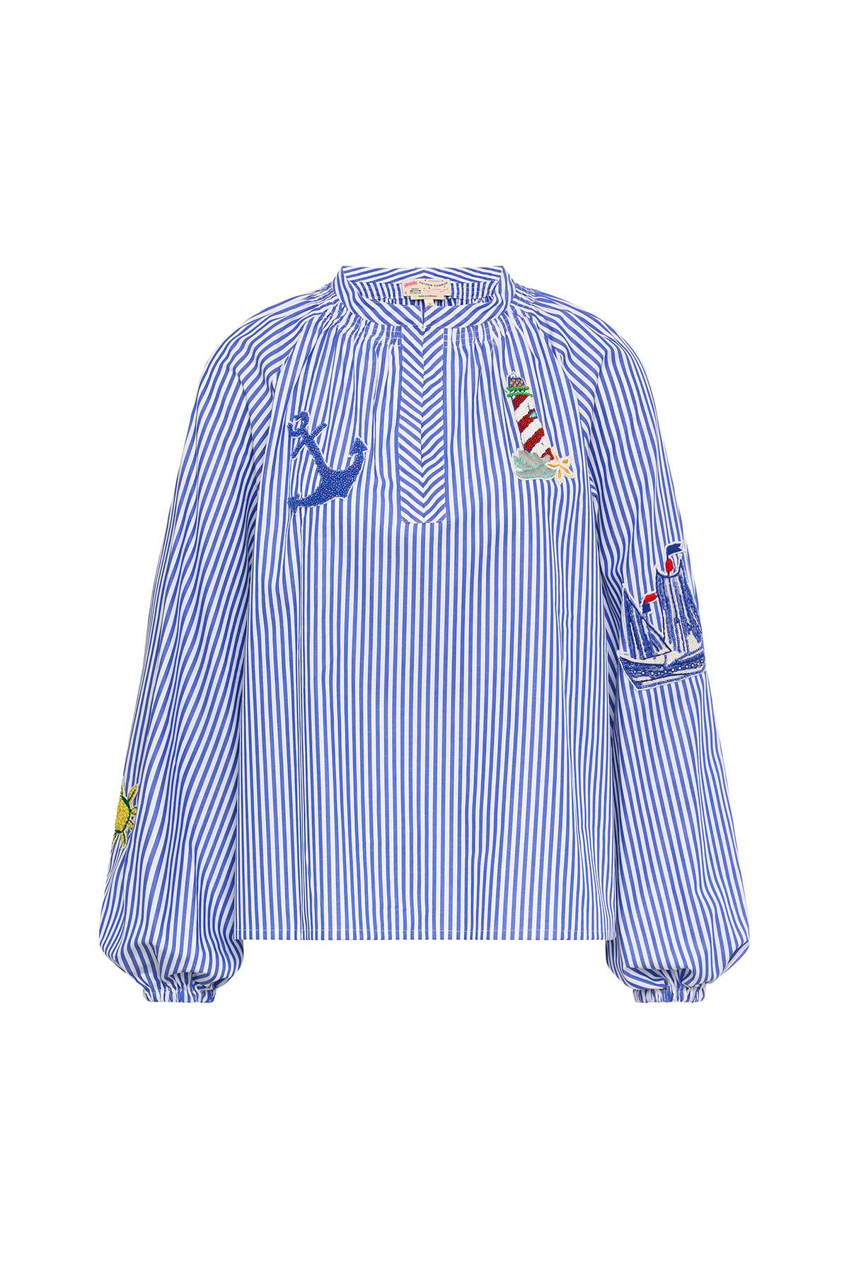 Maison Common Streifenbluse mit Ballonärmeln und maritimen Applikationen