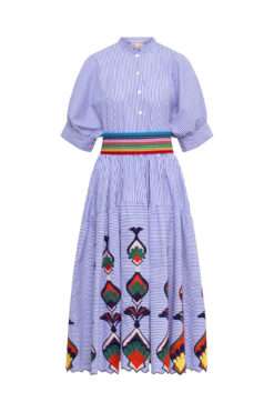 MAISON COMMON Gestreiftes Midikleid mit Stickereien & Taillengürtel