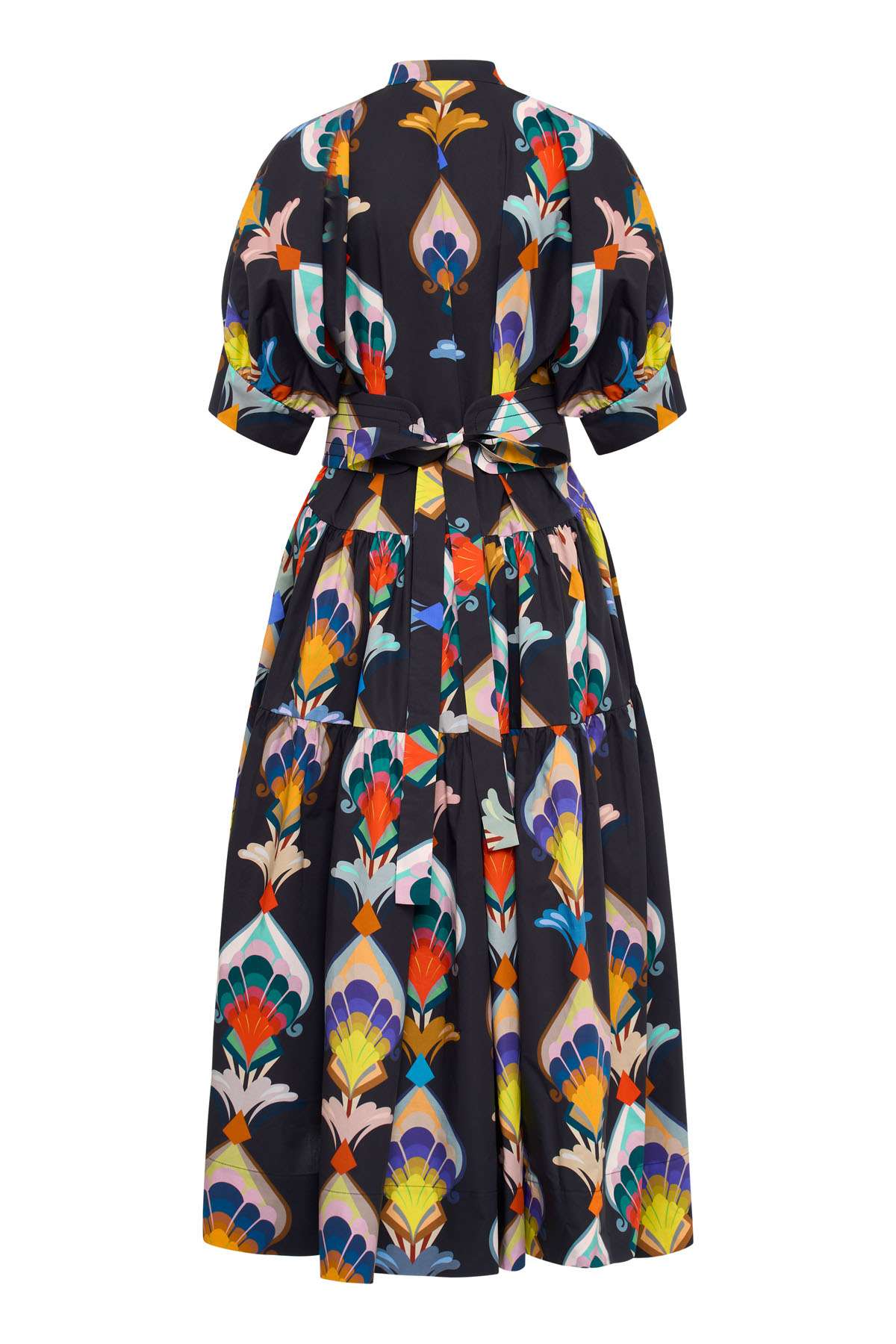 Maison Common Midikleid mit grafischem Print in Navy & Taillenband – Bild 2